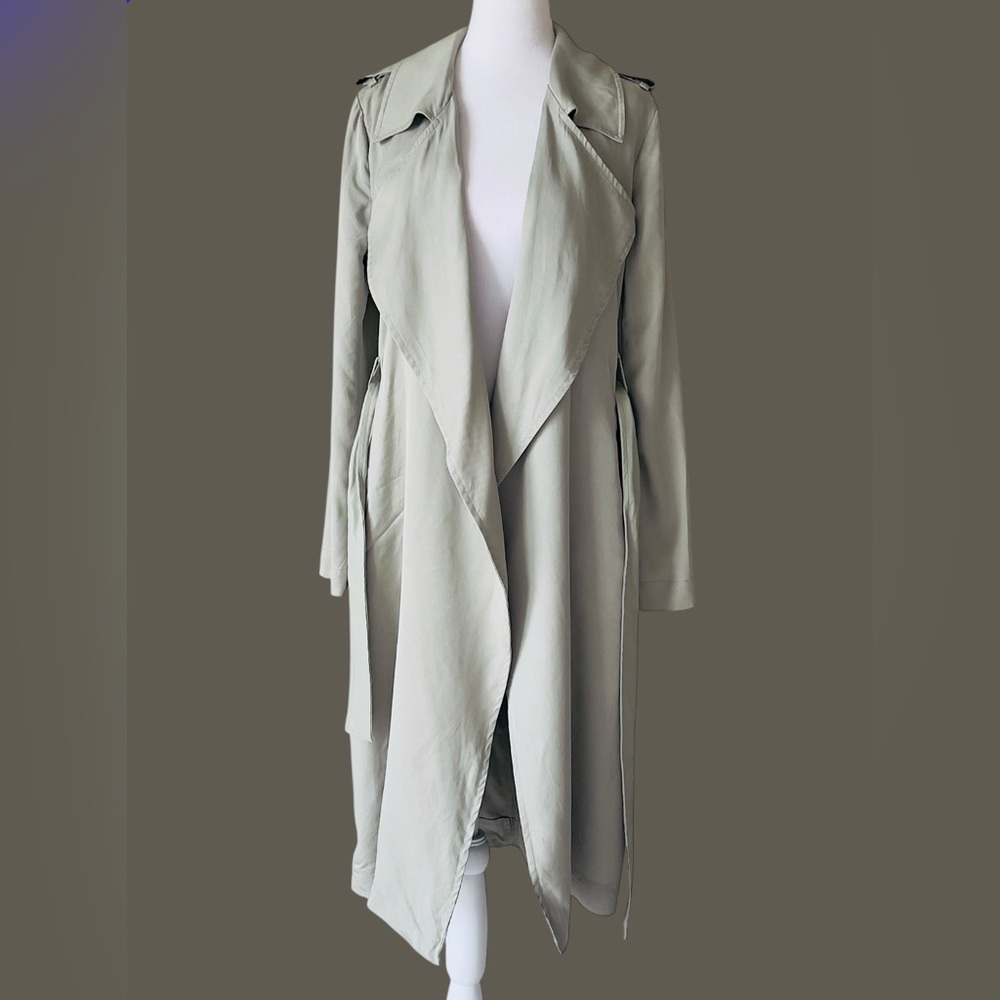 Badgley Mischka Faux Leather Trim Angelina Long Trench Coat in Sage Light Green - Picture 7 of 9